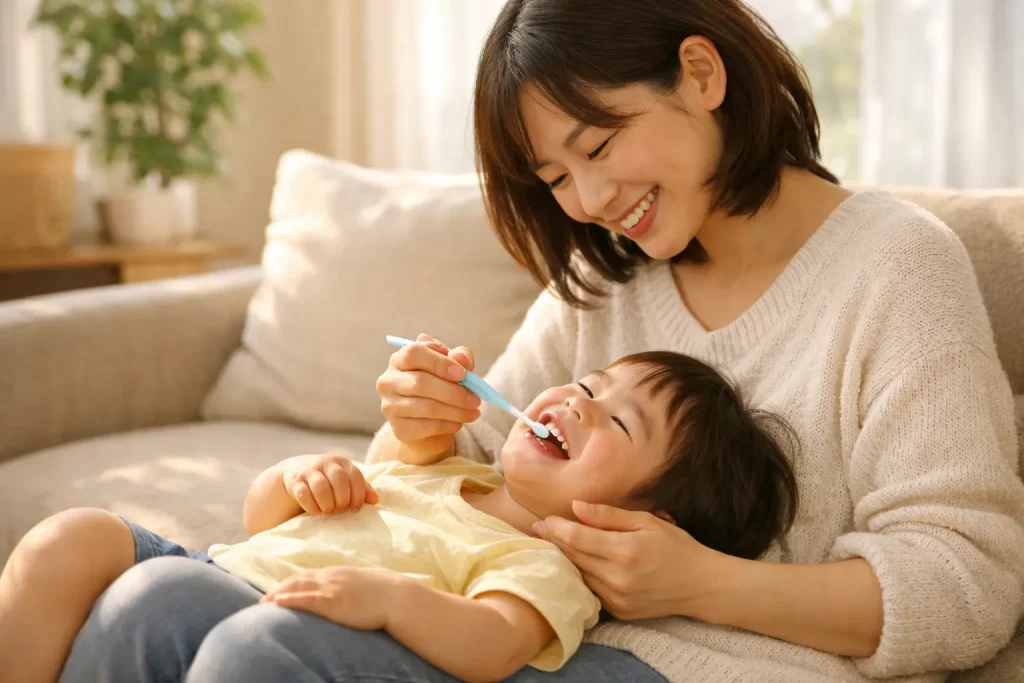 3歳の子どもの仕上げ磨きをする母親。膝の上で優しく歯磨きをして虫歯を予防する親子の様子