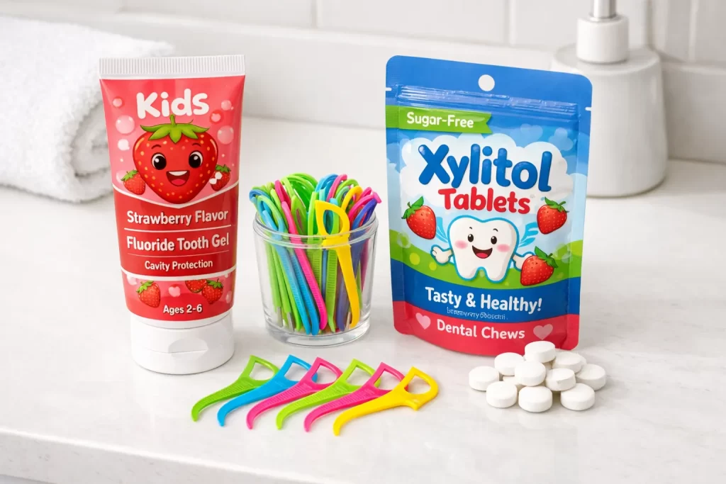 子どもの虫歯予防グッズ一式。フッ素入り歯磨き粉、子ども用デンタルフロス、キシリトールタブレット