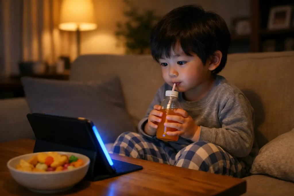 タブレットを見ながらお菓子やジュースを摂る子ども。虫歯のリスクを高める現代の生活習慣とスクリーンタイム